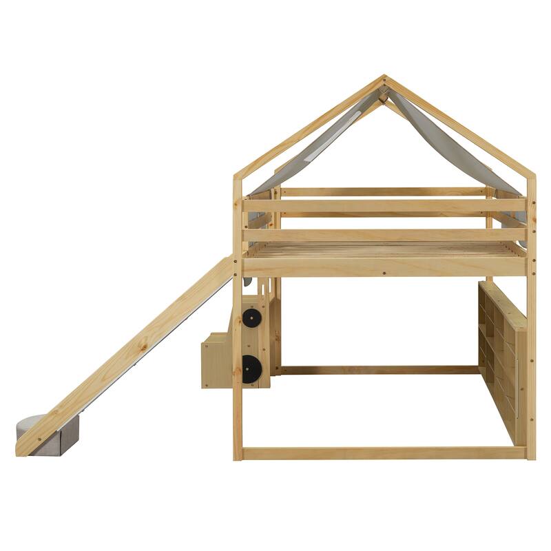 House-Shaped Wooden Loft Bed with Tent, Slide, and Storage - Twin/Full Size