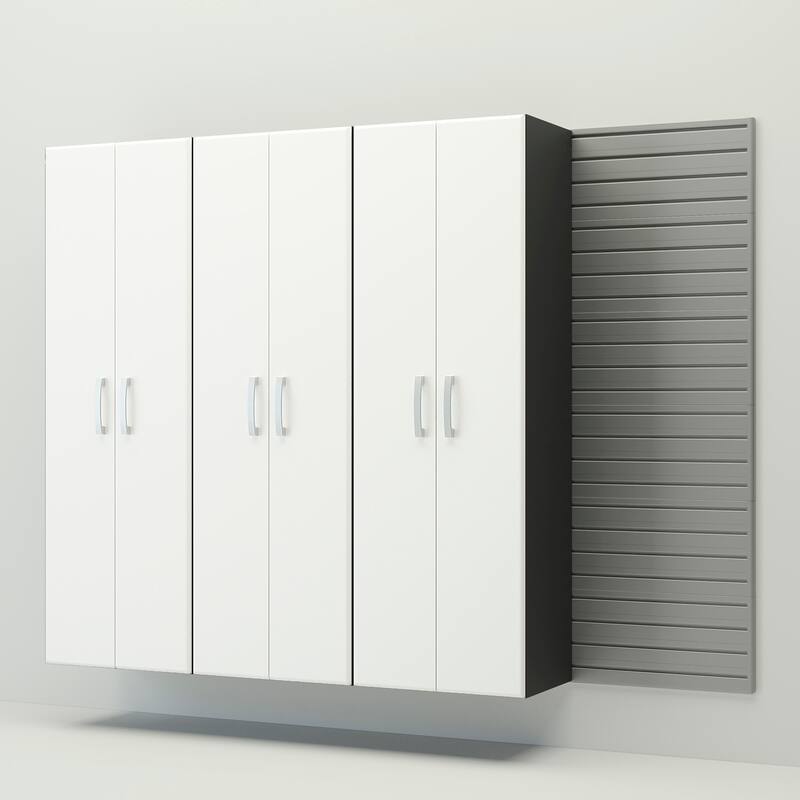 4 Piece Slatwall Panel, Cabinet Storage Set - Silver Slat Wall/ White Cabinet