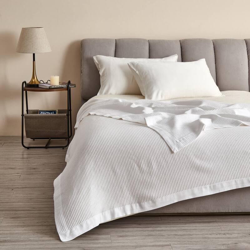 Luxurious 100% Cotton Soft Waffle Weave Knit Blanket - Full/Queen - White