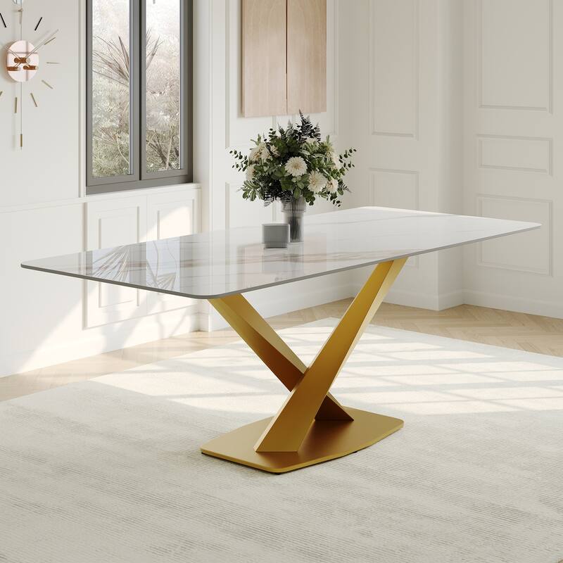 Modern Rectangular Dining table with Glossy Sintered Stone Table top, White Kitchen Table