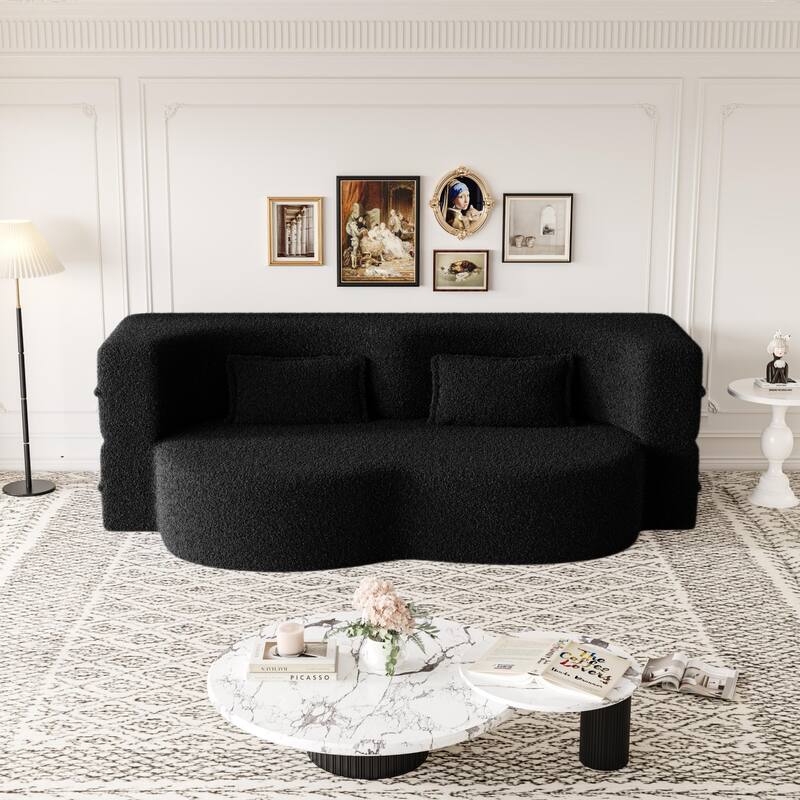 Modern Convertible Teddy Fabric Foam-Filled Sleeper Sofa Bed with 2 Pillows