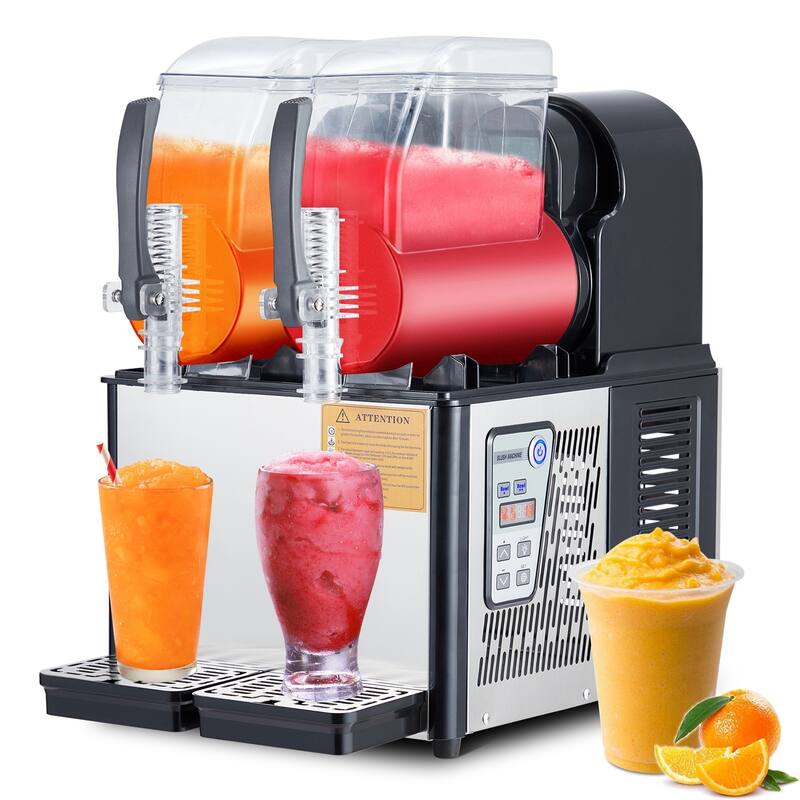 370W Commercial Slushy Machine Frozen Drink Maker 4Lx2-Bowl - 8L/2 Gal - Silver/Black