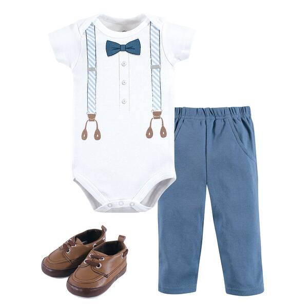 slide 1 of 1, Little Treasure Baby Boy Cotton Bodysuit, Pant and Shoe 3pc Set, Light Blue Suspenders 0-3 Months - Light Blue Suspenders