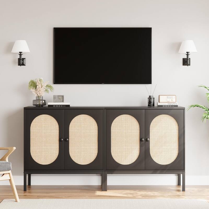 Rattan Buffet Cabinet with Natural Rattan Doors, Sideboard Storage Cabinet with Adjustable Shelf