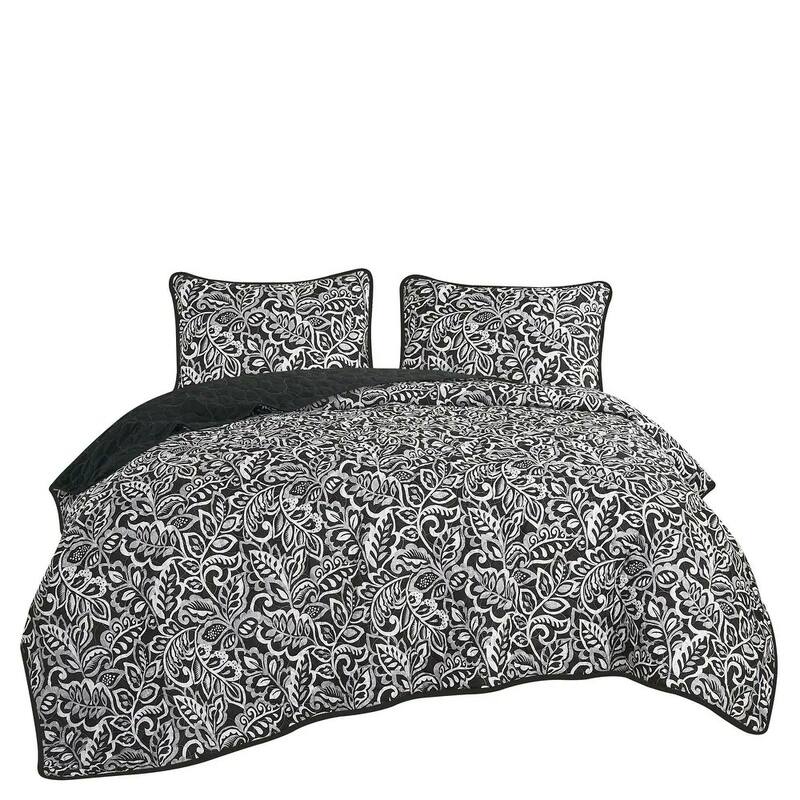 3 Piece Black & White Floral Geometric Reversible Quilt Coverlet Bedspread Bedding Set