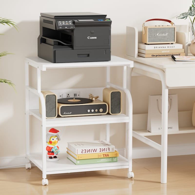 Javlergo 3-Tier Rolling Printer Stand with Locking Wheels Charging Station & AC/USB Outlets Mobile Office Storage Cart - White