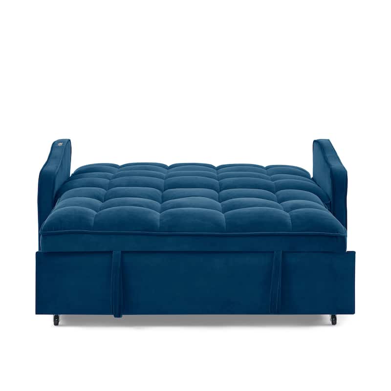 53" Foam Adjustable Loveseat Sofa Bed with Pull-Out Bed, USB/Type-C Charging, Copper Nail Trim, and Arm Storage Pockets