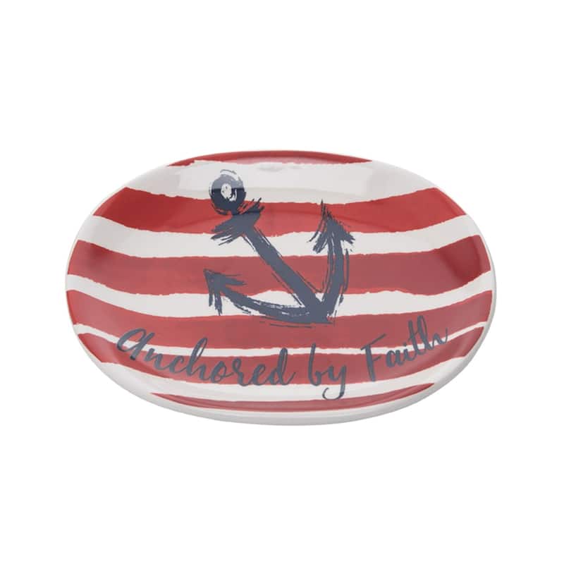 Red White & Blue Stripes Anchored By Faith 4th of July Patriotic Decoration Trinket Dish