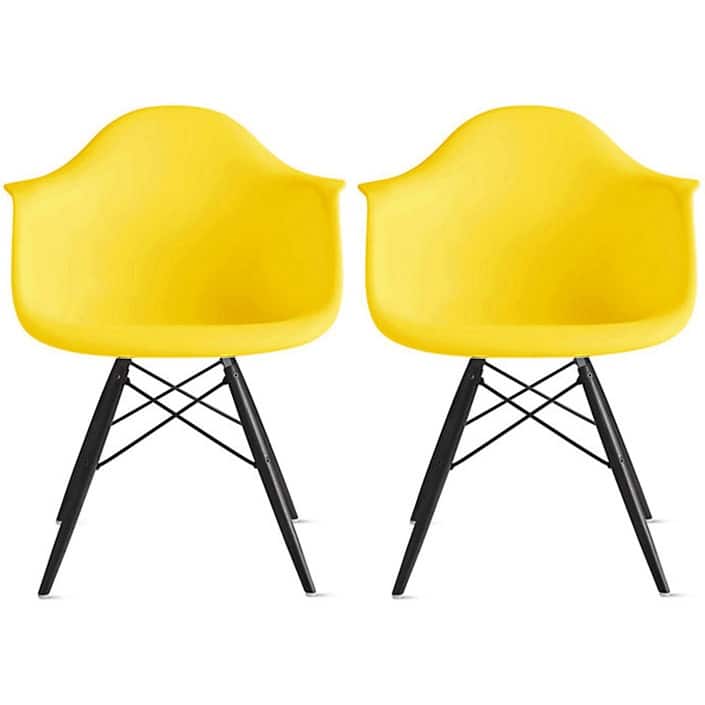 Set of 2 Color Modern Arm Chairs For Dining Room Kitchen Solid Molded Plastic Seat Dark Black Wood Eiffel Legs - Yellow