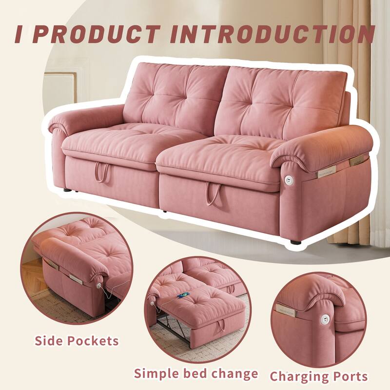 2-in-1 Velvet Pull Out Sleeper Sofa Bed Convertible Loveseat Couch for Sitting, Napping or Sleeping with Side Pockets and USB