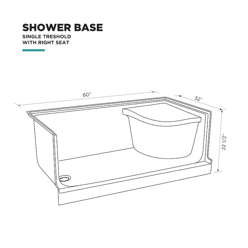 Fine Fixtures Single Threshold Acrylic Non-Slip Shower Base With Seat - 60 x 32
