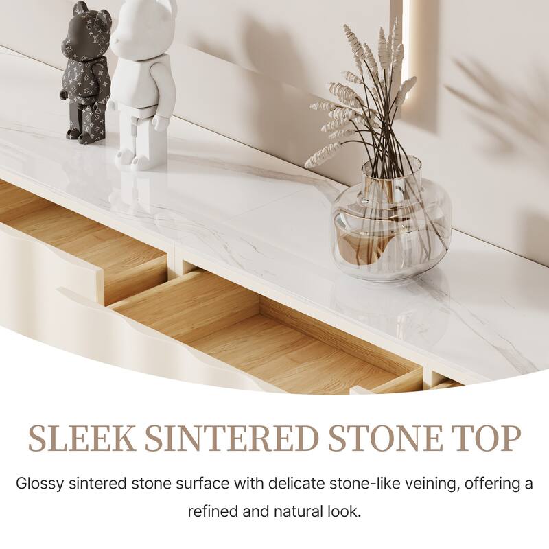 Modern Cream TV Stands with 3-6 Drawers, White Media Console with Glossy Sintered Stone Tabletop