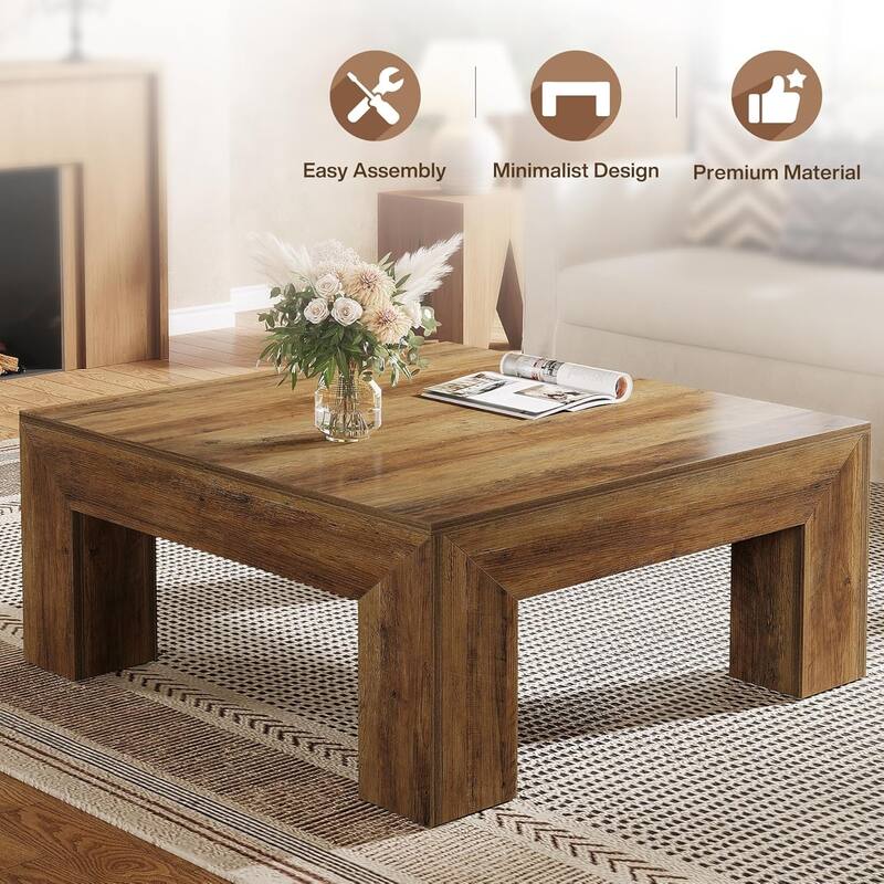39.4-Inch Square Coffee Table for Living Room, Farmhouse Accent Center Cocktail Table with Sturdy Wooden Legs