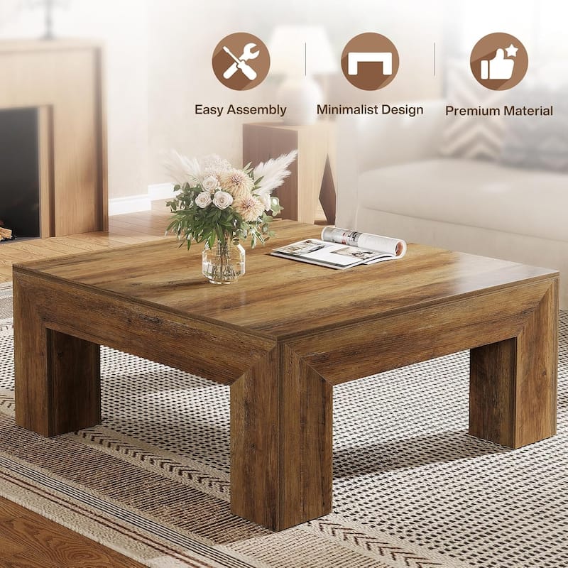 39.4-Inch Square Coffee Table for Living Room, Farmhouse All Wooden Center Table