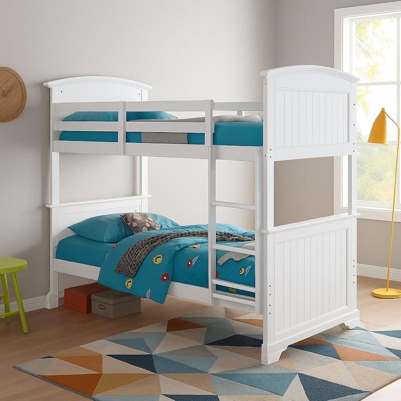 Rexo Twin over Twin Bunk Bed with Ladder, Plank Style Headboard, White