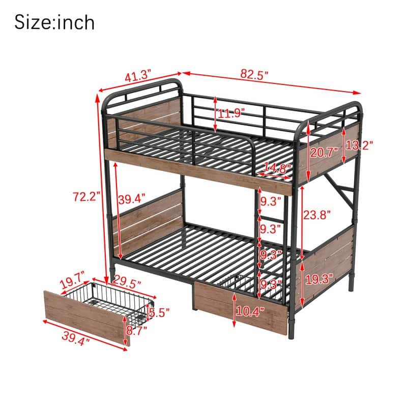 Metal Bunk Bed with USB Charging Station, LED Bunk Bed with 2 Storage Drawers, Safety Guardrail & Ladders