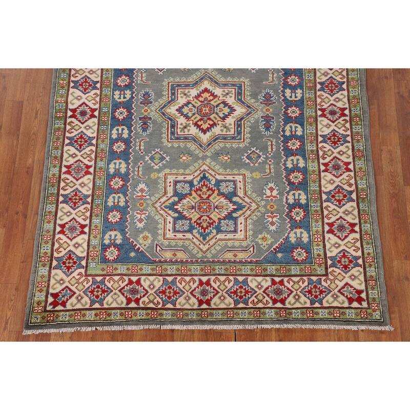 Geometric Kazak Rug Hand-Knotted Grey Wool Carpet - 4'11" x 6'9"