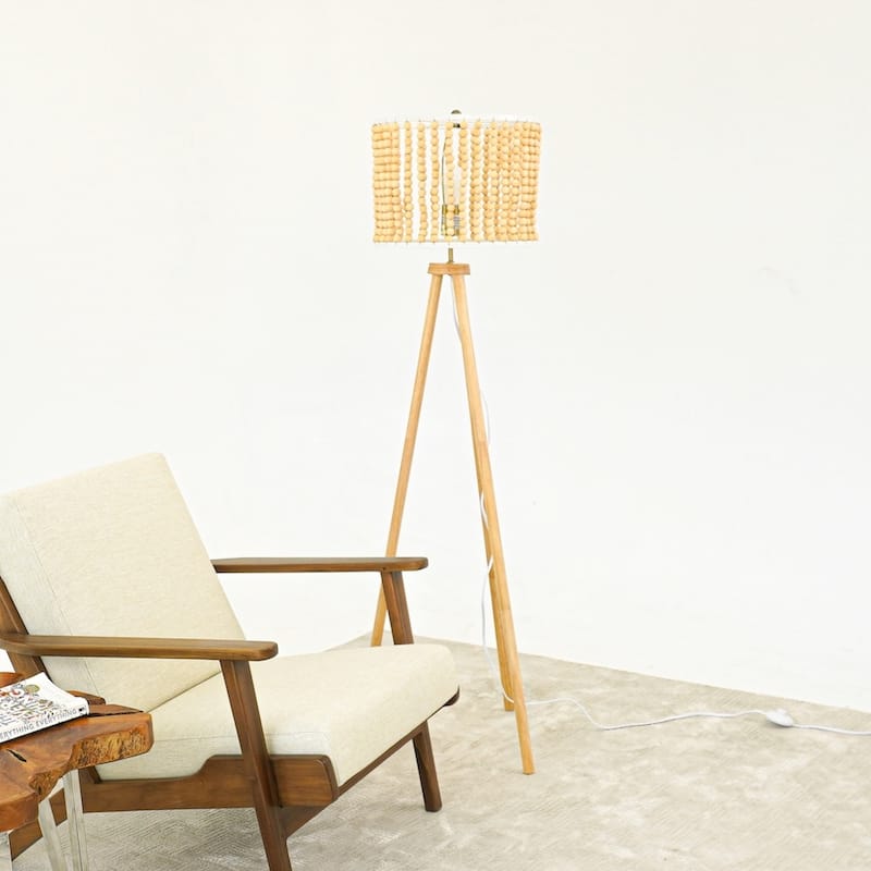 Sofi Natural Wood Tripod Floor Lamp with Beaded Shade