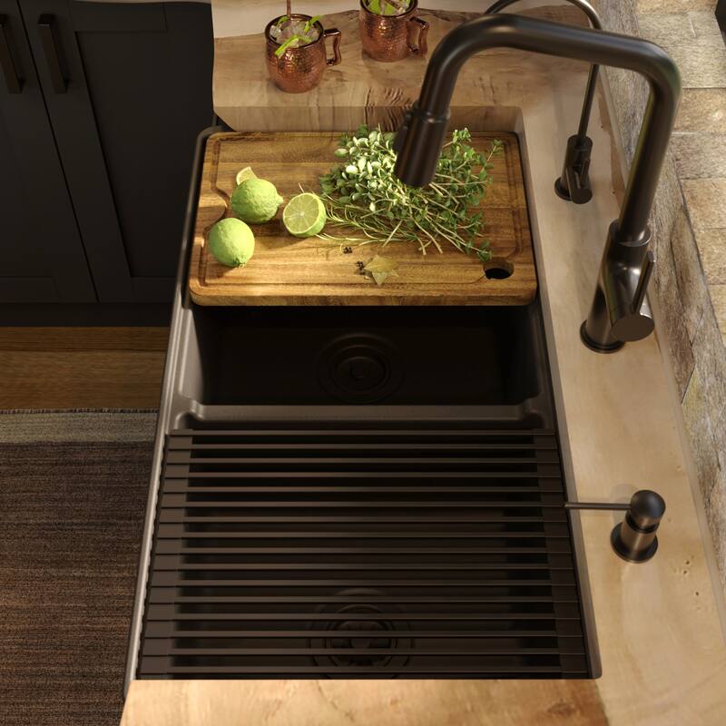 Karran 33" Double Bowl Workstation Fireclay Kitchen Sink with Reversible Fluted Apron Front