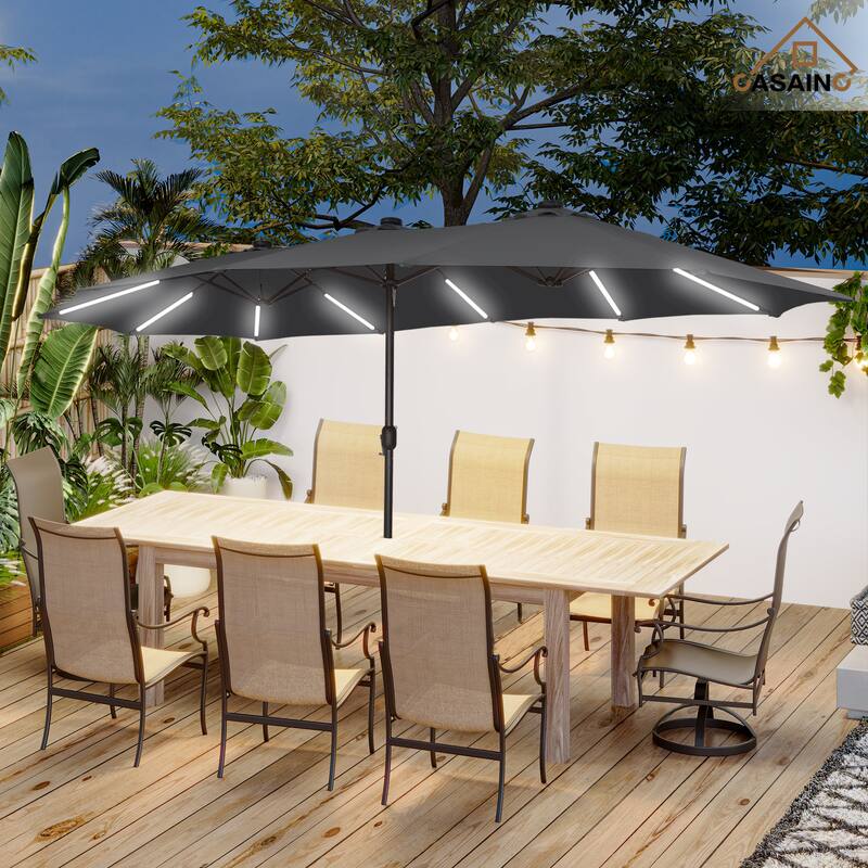 15 ft. Crank Double-sided Solar LED Ultra Lighted Outdoor Market Umbrella with Base Included
