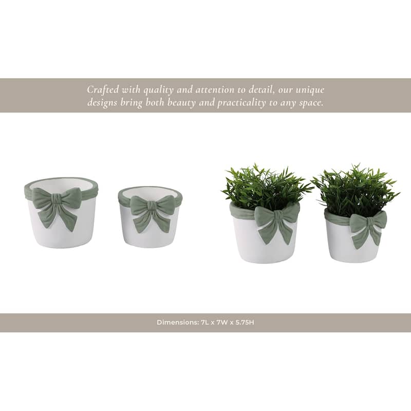 Pottery Planters Bow Accent Home Garden Use (Set of 2) - 6", 5" White - 7" x 7" x 5.75"