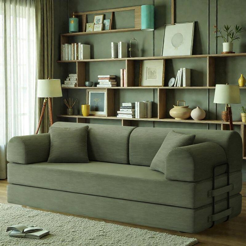 Convertible Sleeper Sofa Bed, 4-in-1 Corduroy Folding Floor Couch with Cylindrical Pillow, 2-Seat Space-Saving Lounge Sofa
