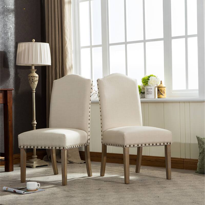 Nailhead Tan Fabric Padded Parson Chair, Solid Wood Dining Chairs Set of 2, Kitchen Dining Room Furniture Dining Chairs