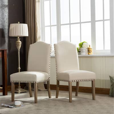 Nailhead Tan Fabric Padded Parson Chair, Solid Wood Dining Chairs Set of 2, Kitchen Dining Room Furniture Dining Chairs