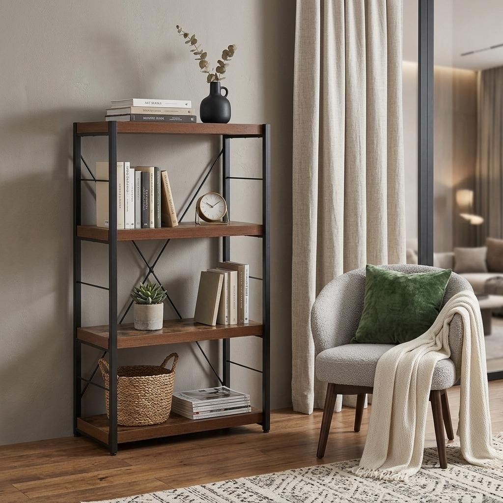 HomeRoots 43" Black And Brown Distressed Metal and Wood Three Tier Etagere Bookcase