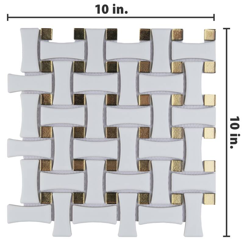 Merola Tile Metro Dog Bone Basketweave Matte White with Glass Gold Dot 10" x 10" Porcelain Mosaic Wall Tile