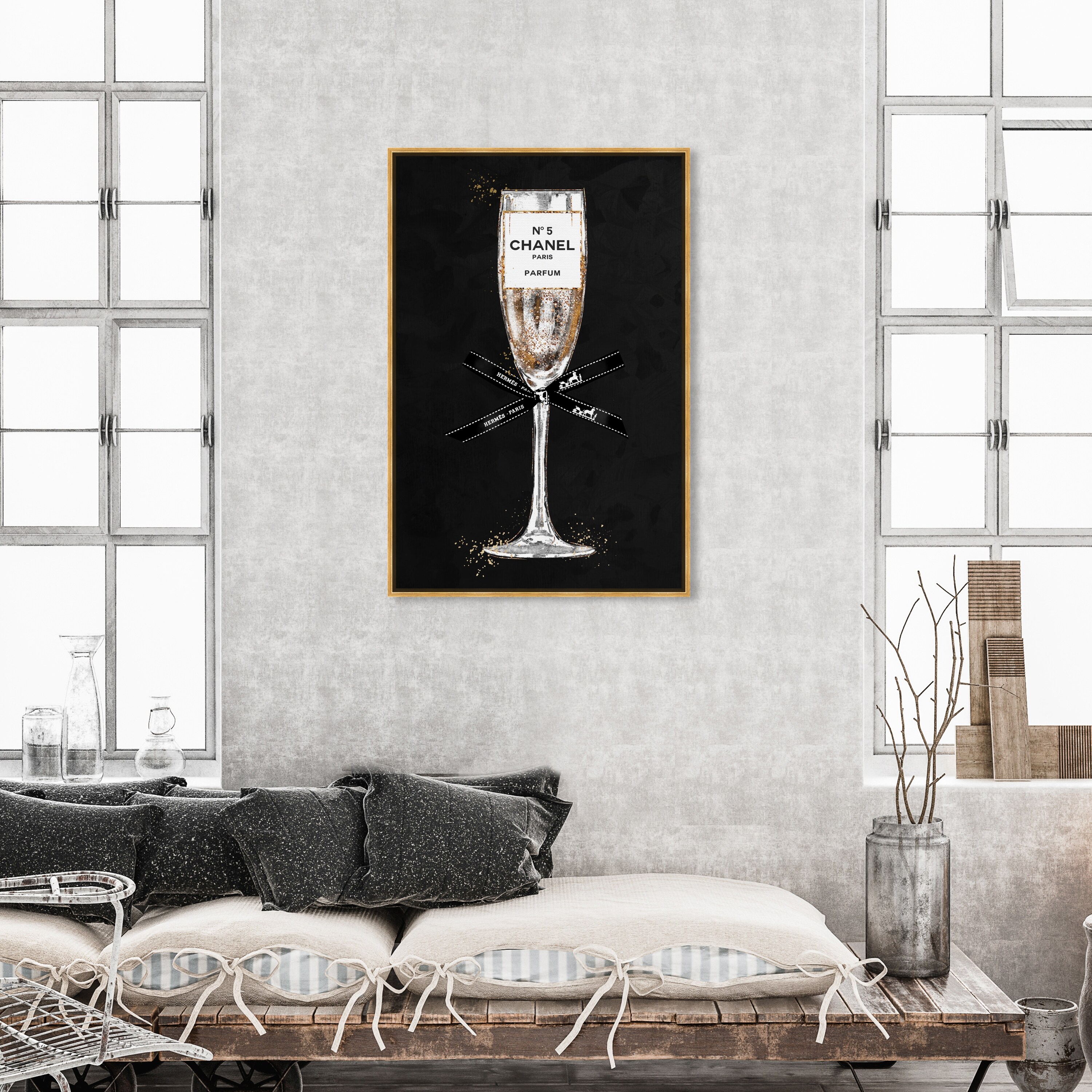 Oliver Gal 'Glam Bubbly Champagne Perfume Ribbon Noir' Wall