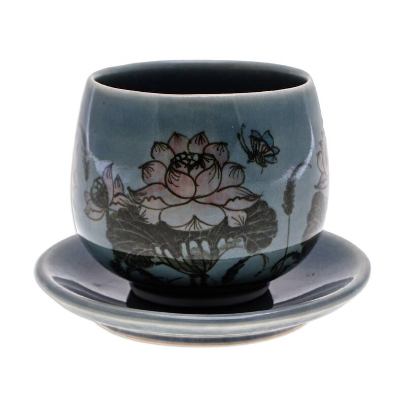 Novica Handmade Luxuriant Lotus In Blue Celadon Ceramic Cup And Saucer