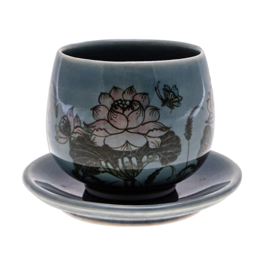 Novica Handmade Luxuriant Lotus In Blue Celadon Ceramic Cup And Saucer