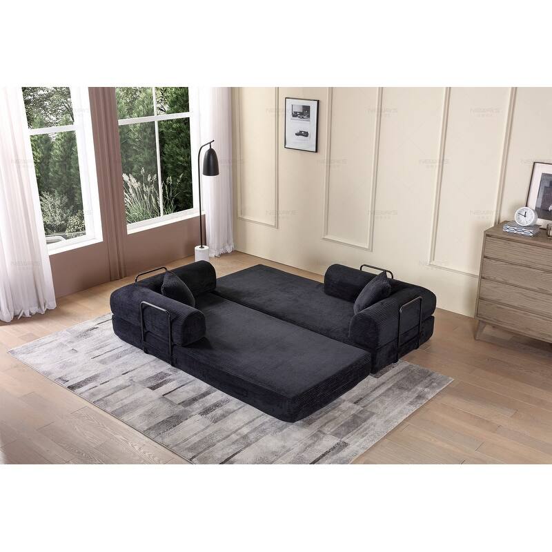 Convertible Sleeper Sofa Bed, Corduroy 3-Seat Fold-Out Couch with Pillow - Black