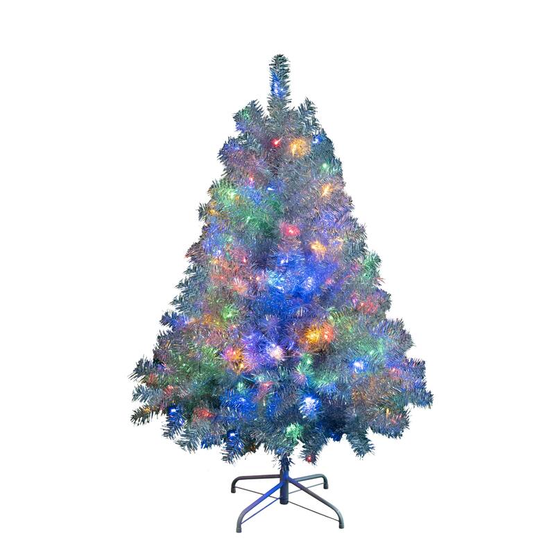 4FT Sliver Pre-Lit Artificial Christmas Tree,Hinged Full Tree with Metal Stand,400 Branch Tips,150 LED Lights,11 Lighting Modes