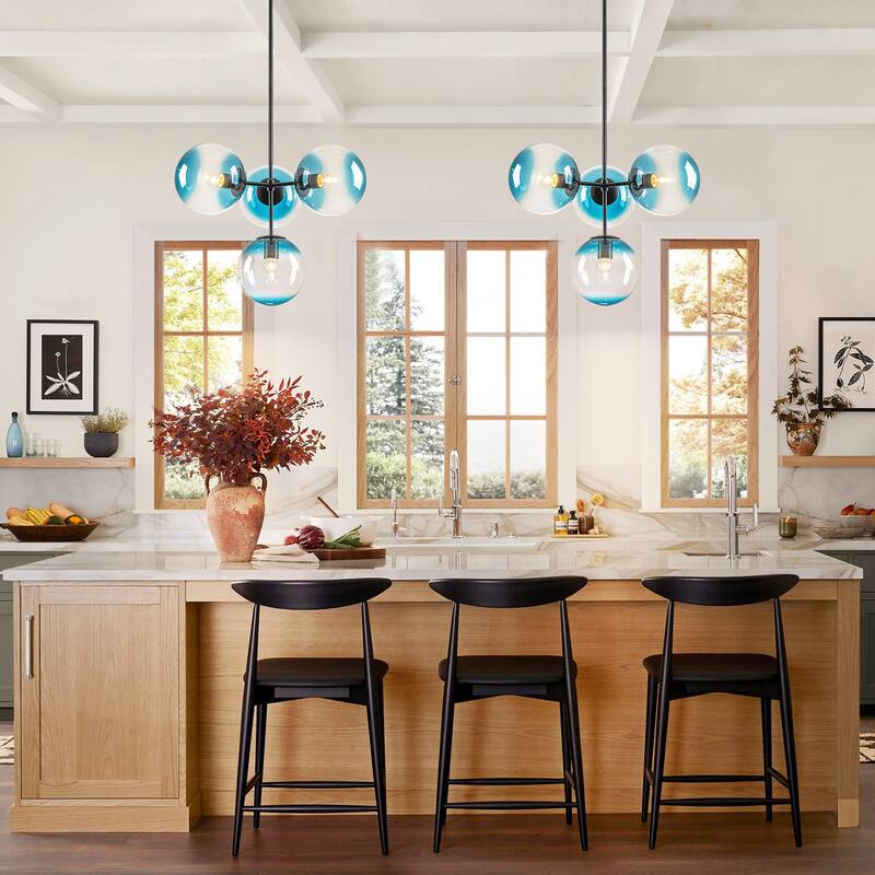 4-Light Modern Tiered Linear Sputnik Pendant Light in Brushed Gold/Black with Gradient Blue Glass Globes