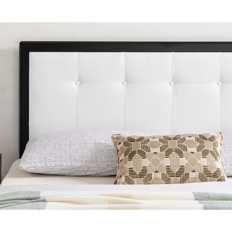 Marlin Traditional White Fabric Button Tufted Queen Size Black Wooden Headboard
