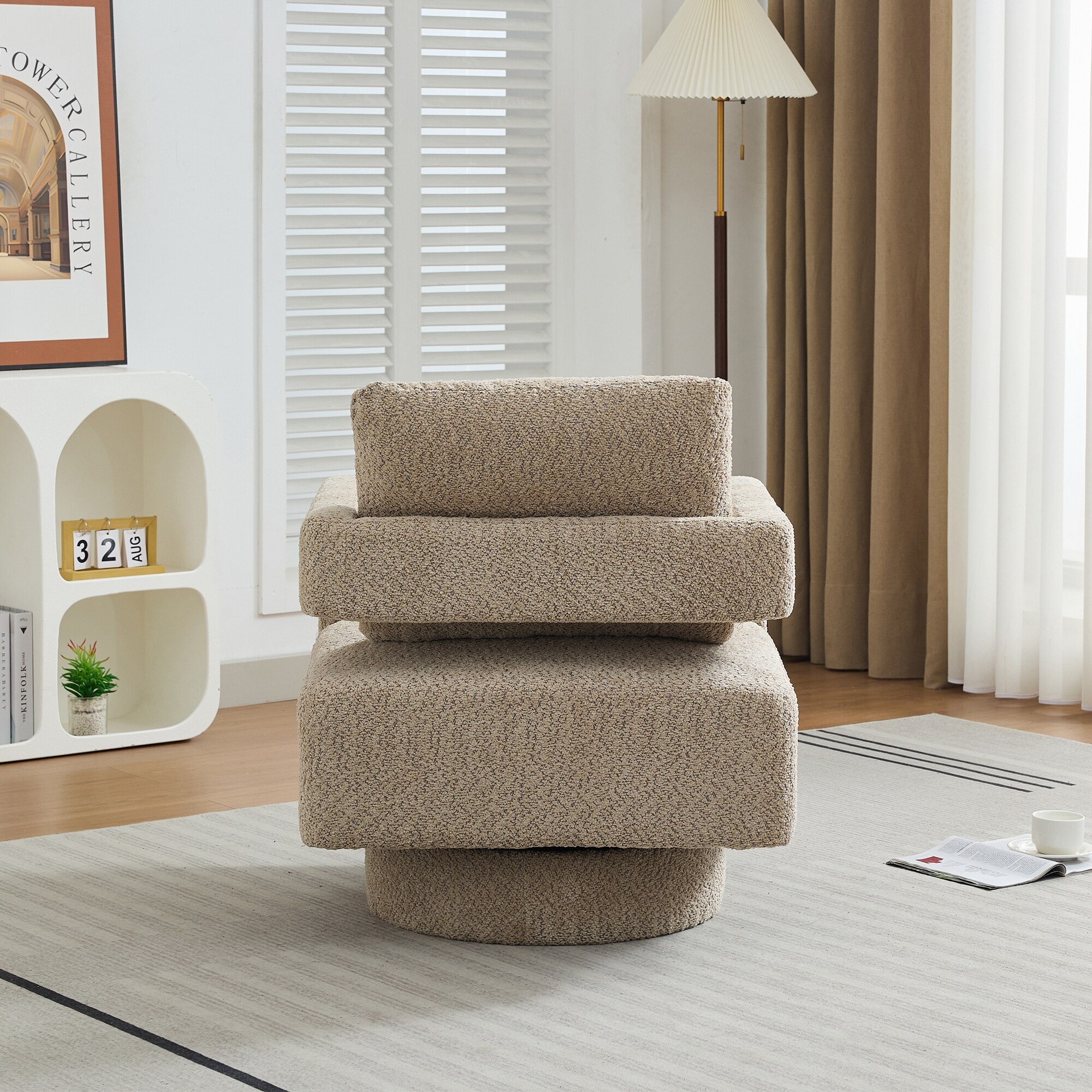 Square Swivel Accent Chair 360 Rotating Arm Chair Taupe Lounge