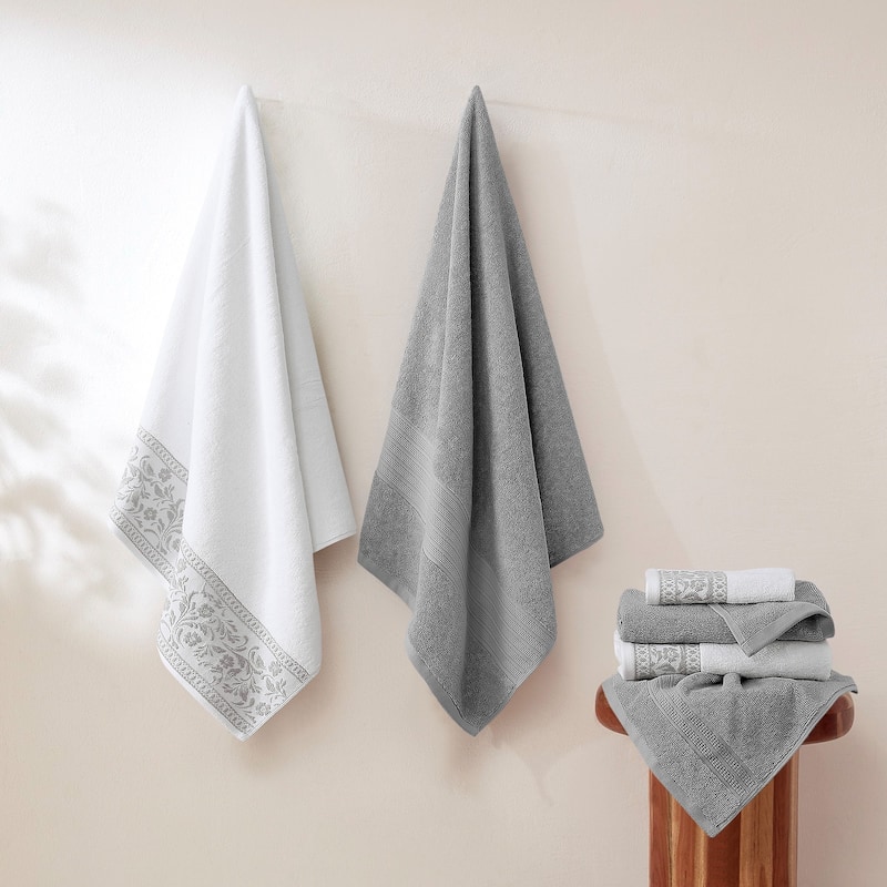 Modern Threads 6-Piece Jacquard Border Towel Set Allie - 100% Cotton, Bath, Hand & Washcloths - Elegant Floral Border
