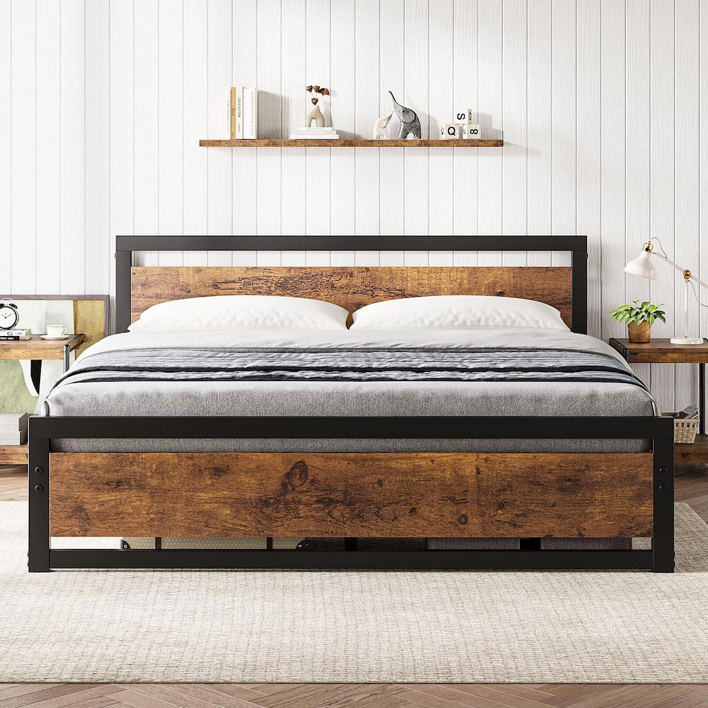 Bed Platform with Wooden Headboard No Box Spring Needed