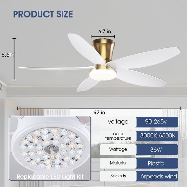 dimension image slide 3 of 4, 36"/42"/48" Low Profile Ceiling Fan with ABS Blades 3 Color LED Light for Bedroom Living Room APP and Remote Control