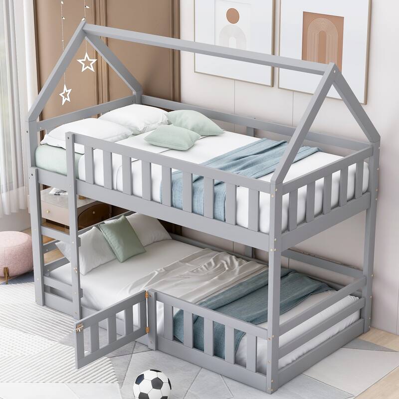 Twin Pine House Bunk Bed with Fence, Guardrail, and Door