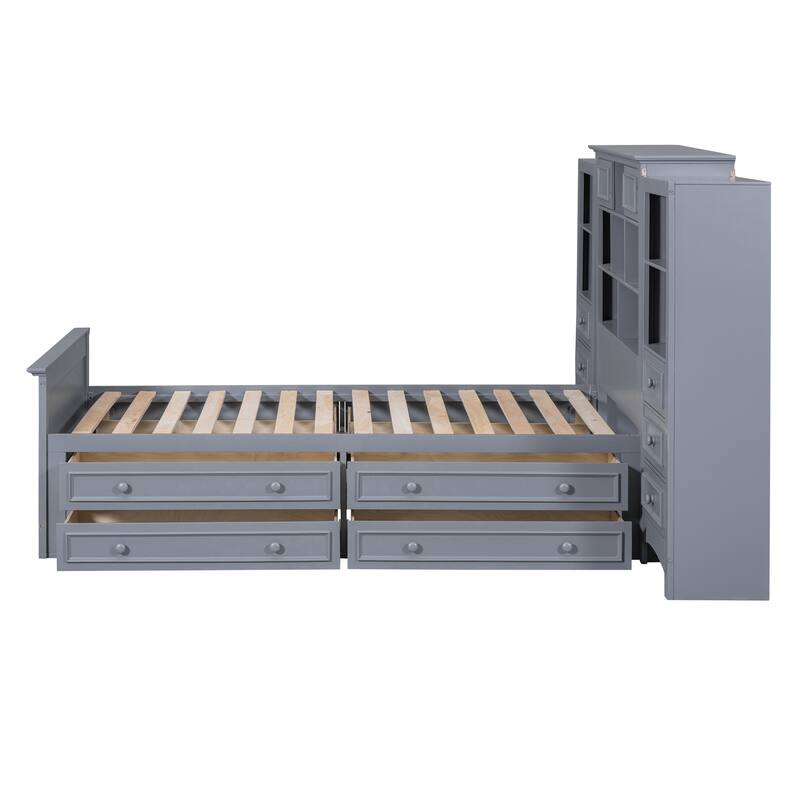 Twin Storage Bookcase Bed Frame Multifunctional Platform Bed Captain Bed with All-in-One Cabinet & 4 Drawers on Each Side