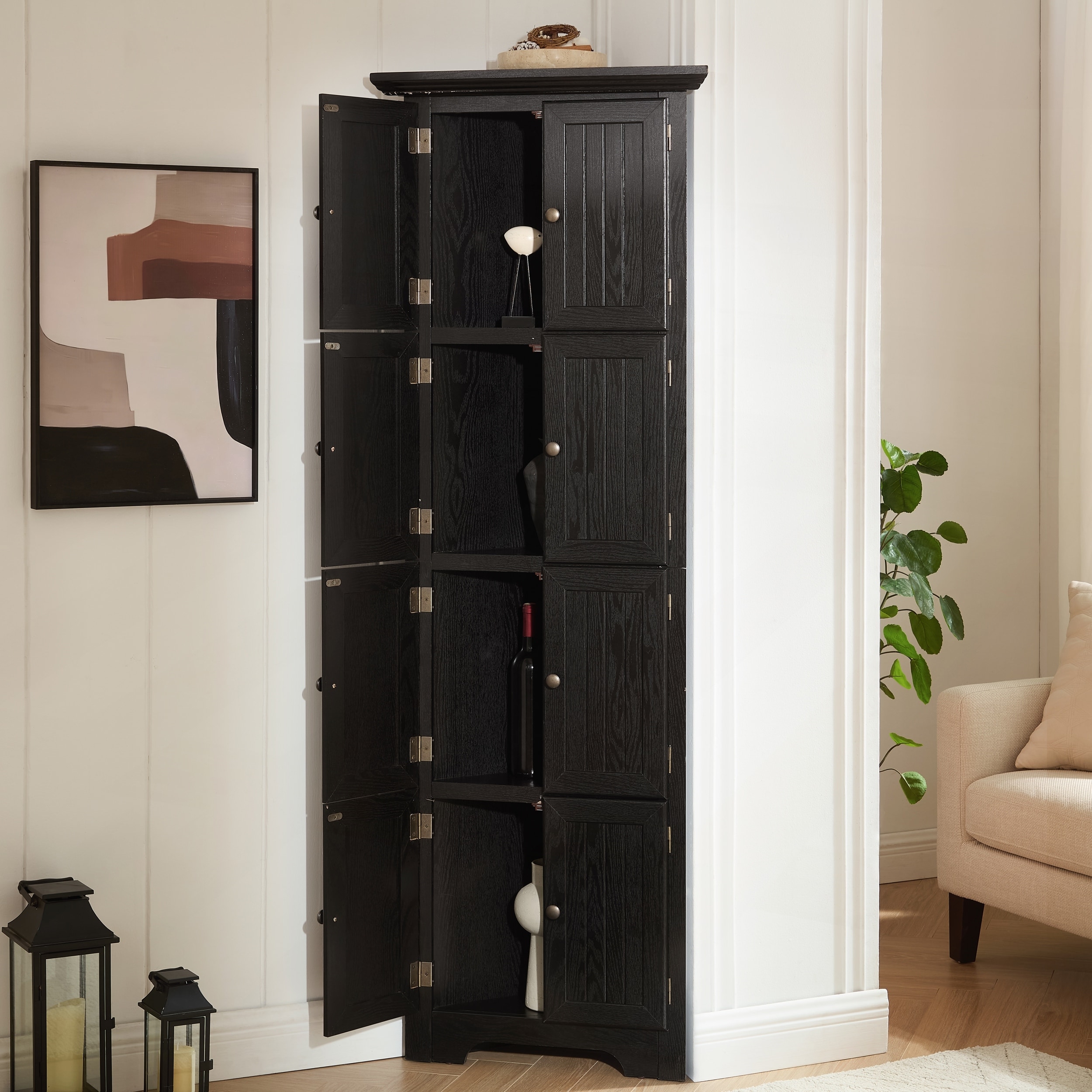 4-Tier Corner Kitchen Pantry Storage Cabinet with 8 Doors, Tall Shelves, and Elegant Metal Handles for Home Organization