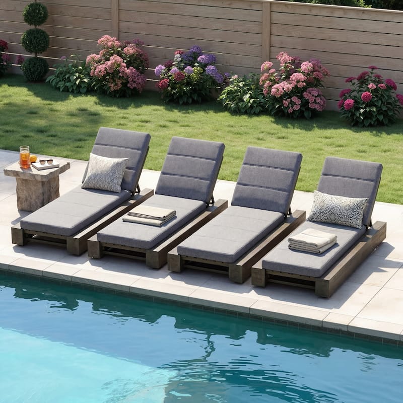 Christopher Knight Home - Amedea Outdoor Acacia Wood Chaise Lounge with Adjustable Backrest & Water-Resistant Cushion - Set of 4-Grey+Grey Finish