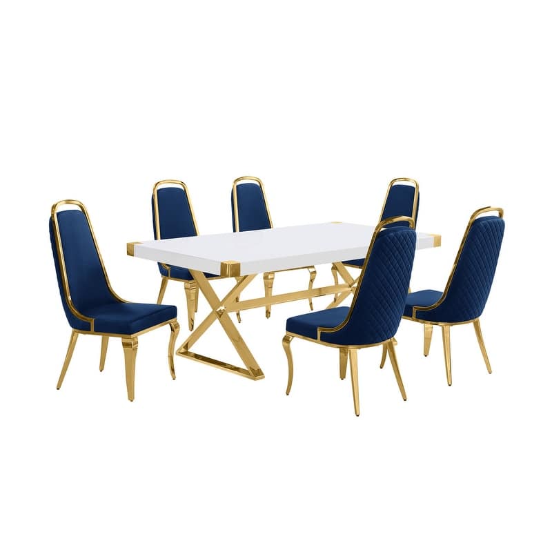 Best Quality Furniture D440/1-SC310-7 Dining Set with 78" White Lacquer Wood Top
