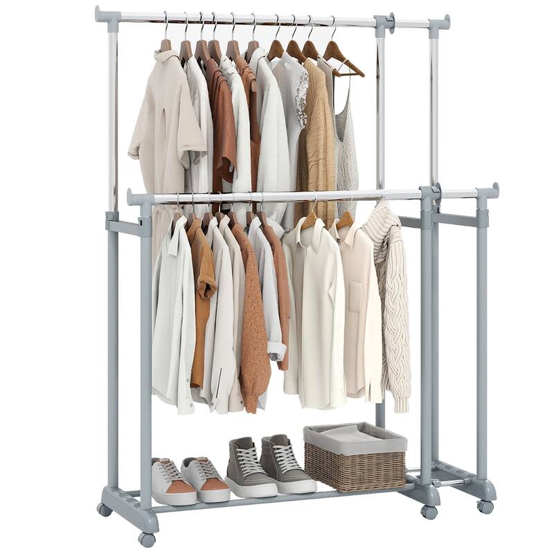 Costway Double Rod Clothes Rack with Extendable Height & Width for - Silver - See Details - Silver - See Details
