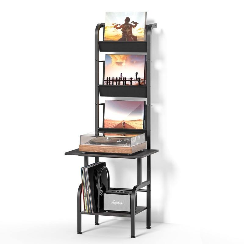 Tall Record Player Stand with Vinyl Storage - 19.7 x 15.35 x 56.7 inches - 19.7 x 15.35 x 56.7 inches - Grey - MDF