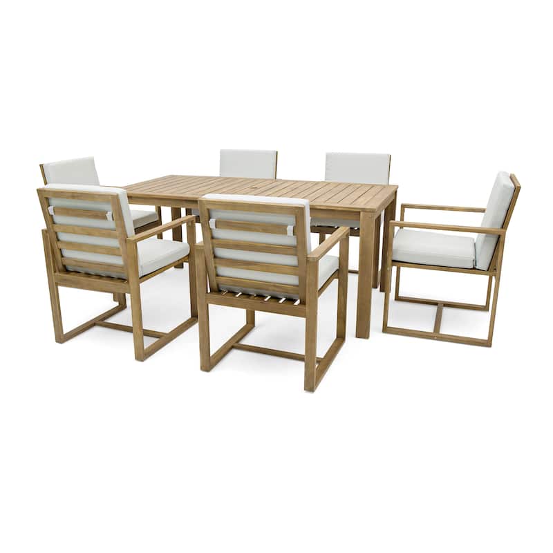 7-Piece Outdoor Patio Acacia Wood Dining Set with Umbrella Hole and 6 Cushioned Armchairs