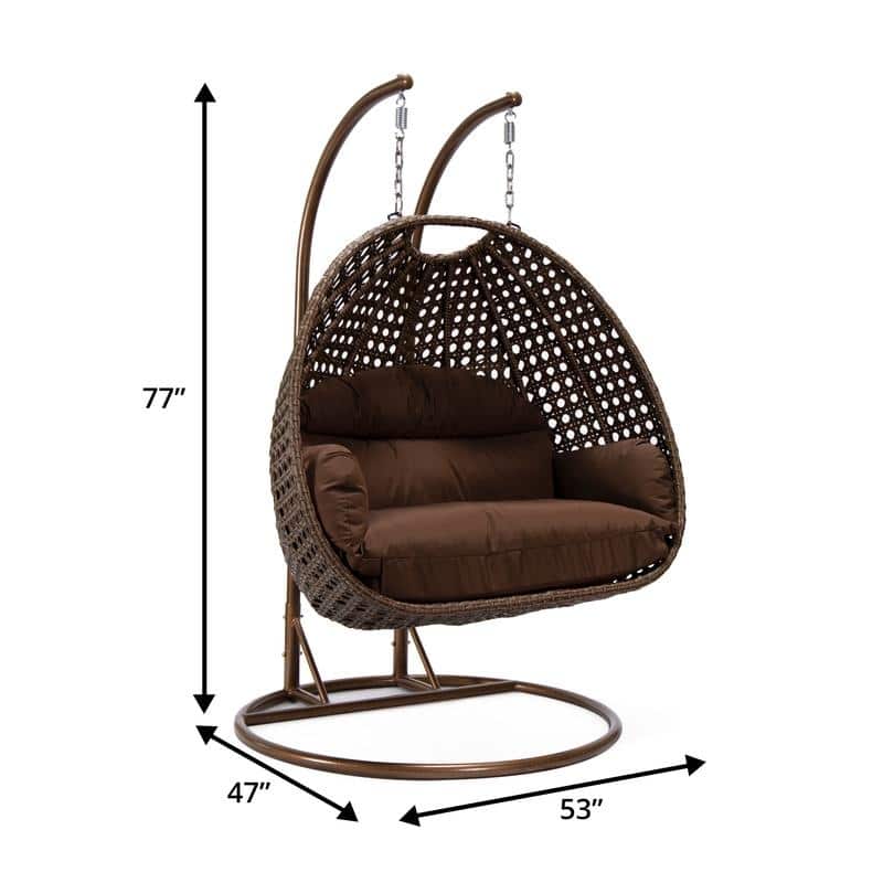 LeisureMod Mendoza Dark Brown 2 Seater Wicker Patio Hanging Double Swing Chair for Patio Porch Backyard Garden - 53"